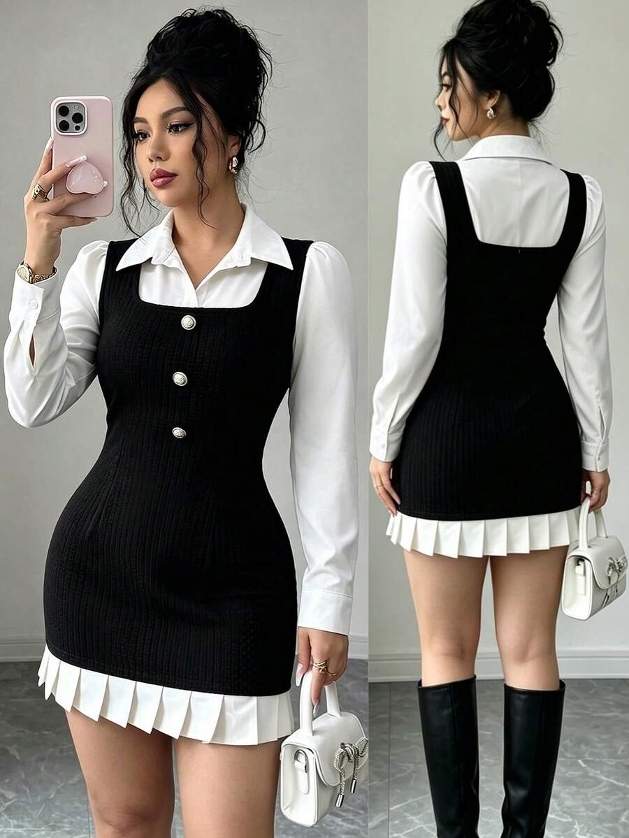 Romantic And Sweet Black And White Dating Dress With Ruffled Hem, Layered Garment In Spring, Summer And Autumn. - Black - View 1