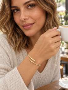 1pc Gold Tone Cuff Bracelet For Women, Minimalist Open Bangle With Flat Ends, Slim Stackable Jewelry For Everyday Wear And Work - Multicolor - View 8