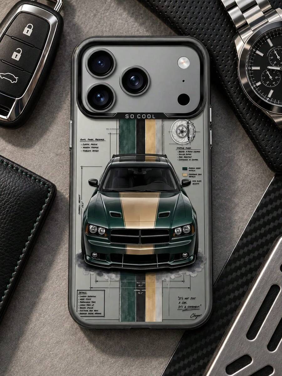 1pc Sports Car Pattern Phone Case, Classic Beige Convertible Sports Car With Green And White Vertical Striped Background, Compatible With IPhone, Galaxy, - Multicolor - View 1