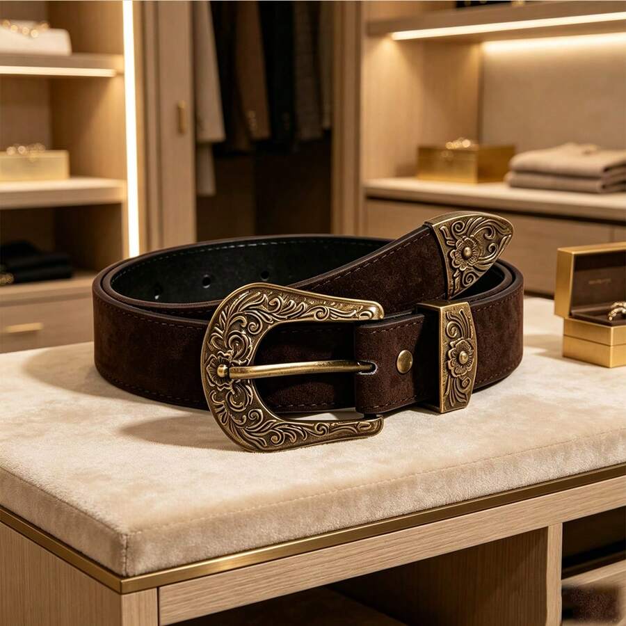 1pc Women's Coffee Color Fashion Vintage Western Style Belt, Suitable For Daily Pants And Dresses - Brown - View 1