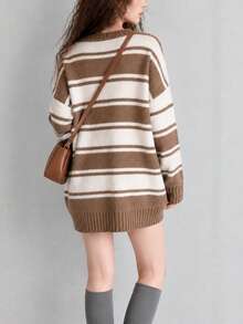 Women's New Autumn/Winter Casual Striped V-Neck Pullover Sweater - Khaki - View 2