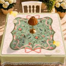 33"X33" Chinoiserie Bird Mahjong Mat, Sage Green Floral Game Mat, Pink Bow Mahjong Decor, SHIPS ROLLED - Multicolor - View 2