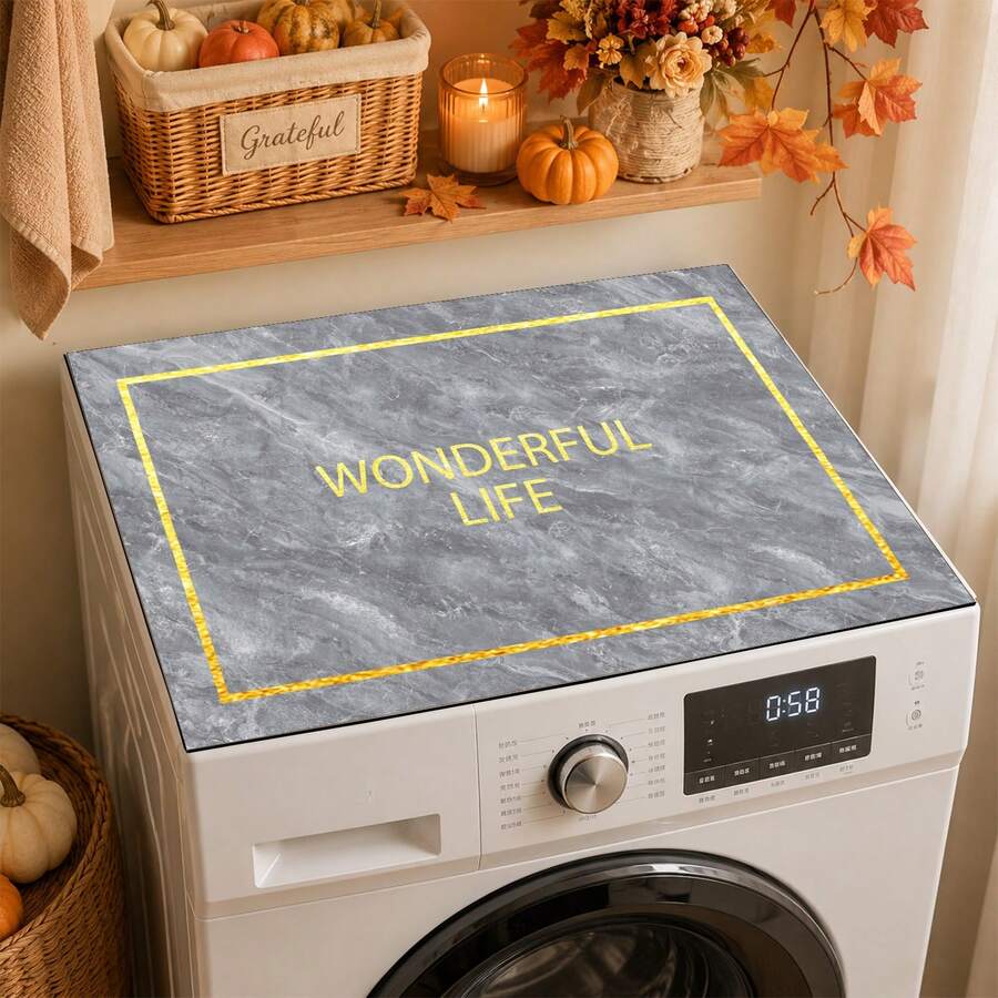 Luckybutterfly Grey Marble Golden Frame "Wonderful Life" Print Washing Machine Top Cover Mat, Non‑Slip Waterproof Dust‑Proof Washer Dryer Protector Pad, Modern Laundry Room Home Decor - Grey - View 1