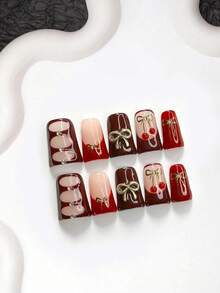 秋季 10 片裝優雅風手工穿戴甲 Polygel 美甲套組，蝴蝶結設計，紅棕色指甲油，可愛風格，附美甲工具，3 種尺寸可選，杏仁甲、鴨嘴甲、棺材甲，適合派對、舞蹈、日常配戴（手工細節可能有所不同） - 彩色 - 查看 19