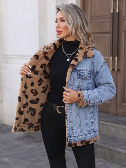 Mobula Sound#Autumn/Winter Versatile Fashion Jacket, Suitable For Holidays, Daily Wear, Dates, Travel, Airport Outfits, Denim Fabric, Reversible Fleece Leopard Print, Loose Fit, Comfortable Women's Outerwear
