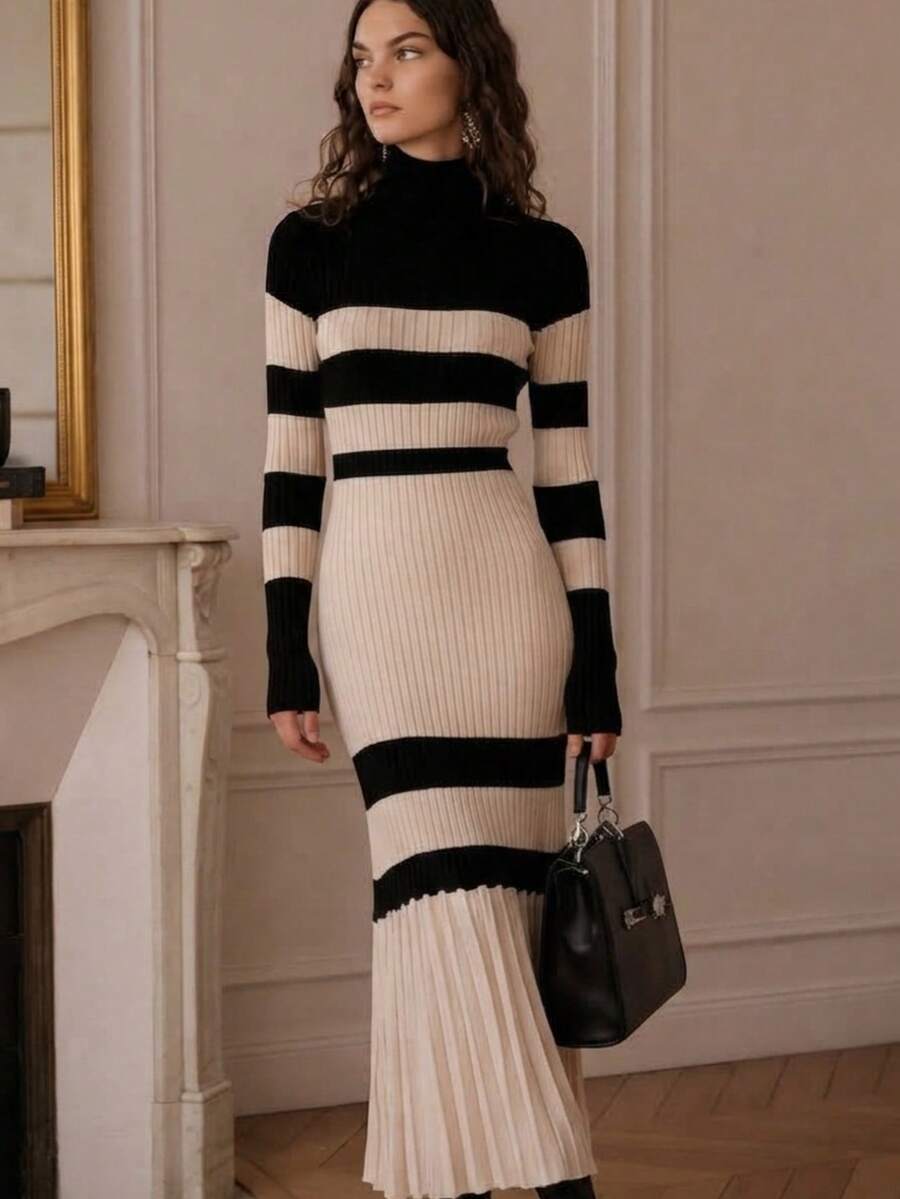 女款黑白條紋高領羊毛針織中長裙,優雅通勤風修身魚尾裙,秋冬款 - 杏色 - 查看 1