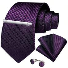 Purple & Black Diamond Check Men's Tie Set, Pocket Square, Cufflinks, Silver Tie Clip 4-Piece Set, Wedding Banquet Accessories - Purple - View 2