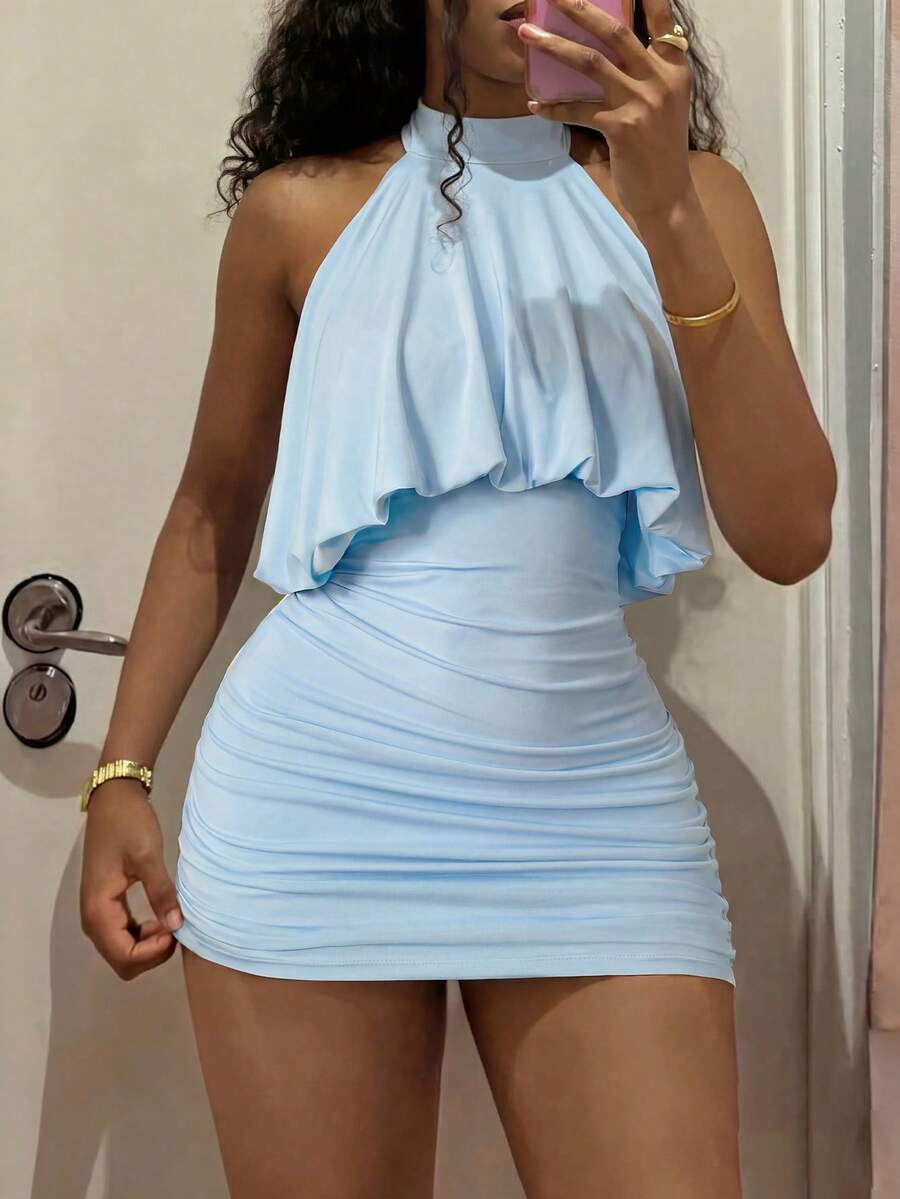 Women's Elegant Halter Neck High Collar Ruffle Backless Dress, Suitable For Halloween, Back To School, Commuting And Daily Wear