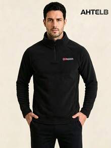 AHTELB Men's Outdoor Functional Half-Zip Stand Collar Fleece Pullover, Exquisite Embroidered Letter Sports Sweatshirt - Black - View 3