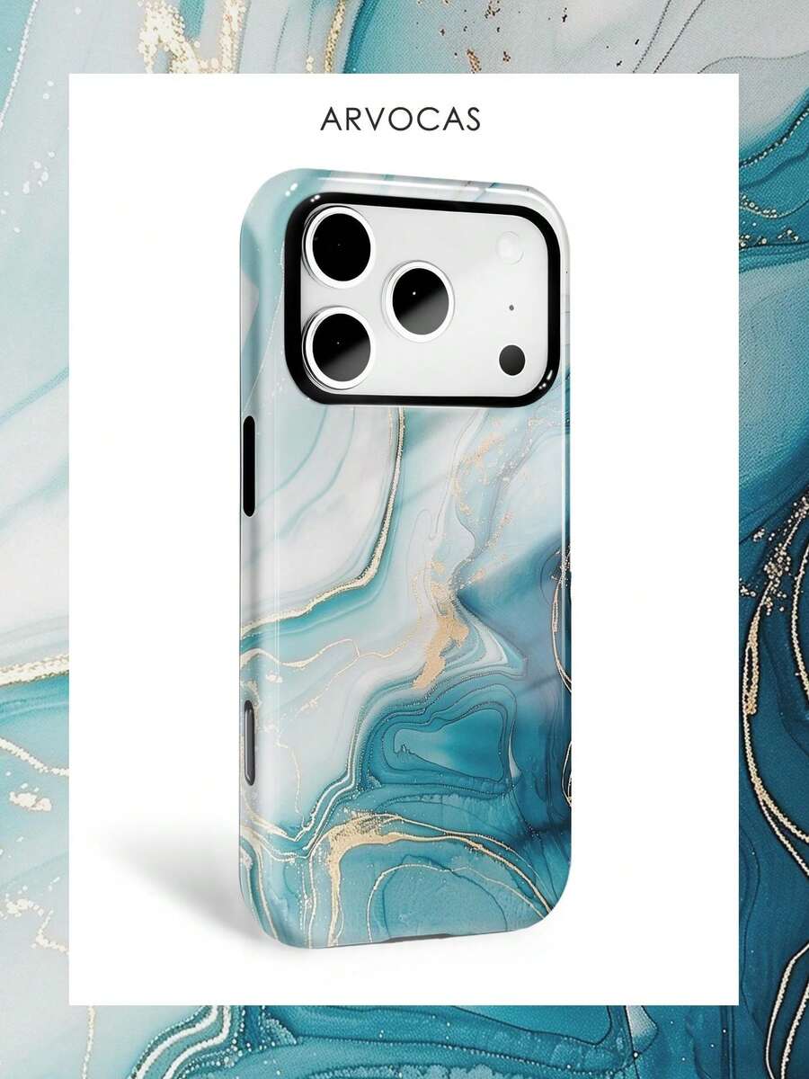 Ốp lưng điện thoại vân đá cẩm thạch xanh lam xanh lá với gân vàng 2 trong 1 vỏ cứng PC và lớp trong mềm TPU, ốp quà tặng, ốp đôi đồng bộ, tương thích với iPhone 11 12 13 14 15 16 16e 17 Pro ProMax Air - Bề mặt bóng, không nhiễm từ - Xem 1
