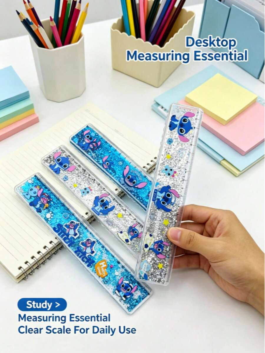 Disney Stitch 20CM Quicksand Ruler, Lilo & Stitch Glitter Oil Painting Straight Ruler, Wavy Ruler Stationery - Multicolor - View 1