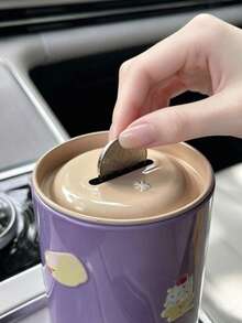 1pc Cute Sticker Car Coin Mini Storage Box, Creative Cartoon Animal DIY Self-Adhesive Coin Bank, Tin Round Coin Storage Box, Car Accessories Organizer, Car Interior Decoration Storage Can - A - View 3