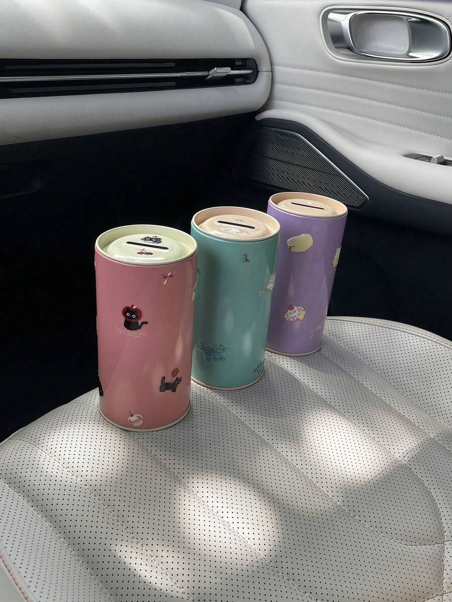 1pc Cute Sticker Car Coin Mini Storage Box, Creative Cartoon Animal DIY Self-Adhesive Coin Bank, Tin Round Coin Storage Box, Car Accessories Organizer, Car Interior Decor Storage Can - A - View 1