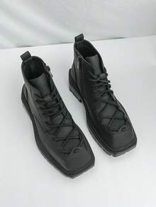 Black Square Toe Boots With Gradient Distressed Toe Cap, Contrast Color Thick Rope Shoelaces, Side Hidden Zipper, Thick Sole Design, Structured Silhouette, Clean Stitching, Men's Casual Winter Boots For Daily Wear And Style - Black - View 5