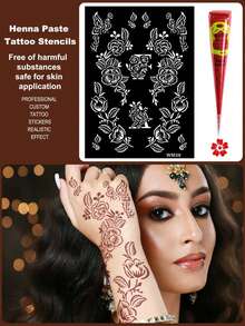 7PCS (2 Black + 2 Red Henna Paste + 3 Templates) Combo Set Henna Nail Art Tattoo Cream With Storage Box, Semi-Permanent Plant-Based Tattoo Ink For Hands And Body - Multicolor - View 6