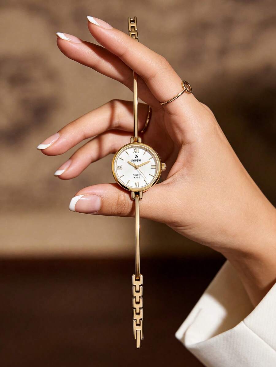 1pc Ladies' Round Retro Quartz Watch, Gold Alloy Case,White Dial,Gold Alloy Fine Chain Metal Strap,Elegant Watch Suitable For Daily Wear & Gift Giving - White - View 1