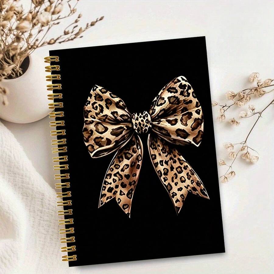 1pc A5 Exquisite Spiral Notebook, Black Background Leopard Print Bow Hardcover Diary, Gold Wire Binding Fashion Aesthetic Notebook, School Notes Stationery, Diary Writing Gift - Leopard Print Bow - View 1