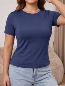 Plus Size Built-In -Shirt, Short Sleeve Ultra-Thin Seamless Top, Elastic Comfortable With Padded Cups, Everyday Basic Style - Navy Blue - View 3