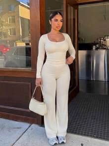 European & American Style U-Neck Long Sleeve Cropped Top & Flared Pants 2 Pieces Set, Slim Fit Women's Outfit - Apricot - View 4
