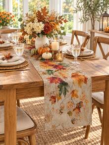 1PC Autumn Pumpkin Maple Leaf Table Runner, Linen Fall Harvest Tablecloth Runner With Pumpkin, Acorn, Berry And Botanical Print, Rustic Farmhouse Dining Table Decor For Thanksgiving, Kitchen, Dining Room, Fall Party And Seasonal Home - Multicolor - View 7