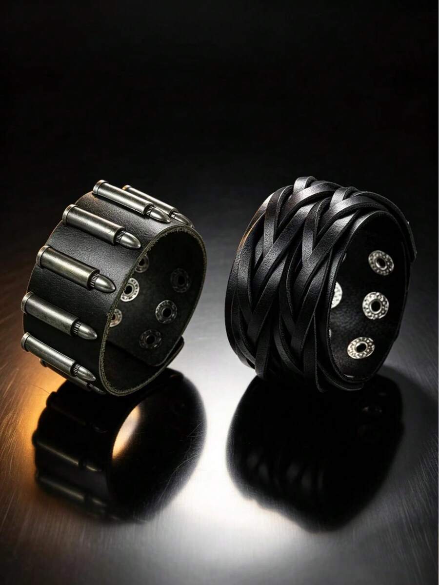 2pcs Punk Style Sports Casual Geometric Design Bracelets, Suitable For Men's Party, Sports, Fashion Wear, Exquisite Bracelet Gift For Men - Black - View 1