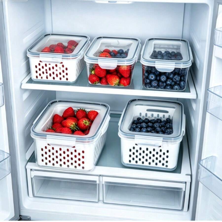 3pcs/1pc Large Fruit Storage Container For Refrigerator, With Removable Strainer Basket, Airtight Food Storage Container, Keeps Berries, Fruits, Vegetables, Food And Meat Fresh Longer