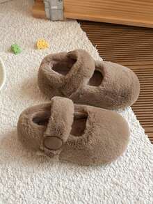 Autumn/Winter Girls' Cloud-Feel Indoor/Outdoor Fuzzy Slippers With One-Strap Round Buckle Hook-And-Loop Design, Soft Warm House Shoes - Khaki - View 4