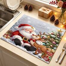1pc Dish Drying Mat, Coffee Machine Mat, Christmas Theme Santa Claus & Reindeer Pattern Dish Drying Mat, Absorbent Quick Dry Tabletop Protector, New Year Dining Table, Kitchen Holiday Atmosphere Decorative Mat, Holiday Placemat, Multi-Purpose Drying Mat, Home Gift, Desktop Decoration - XYLSD-1121 - View 2