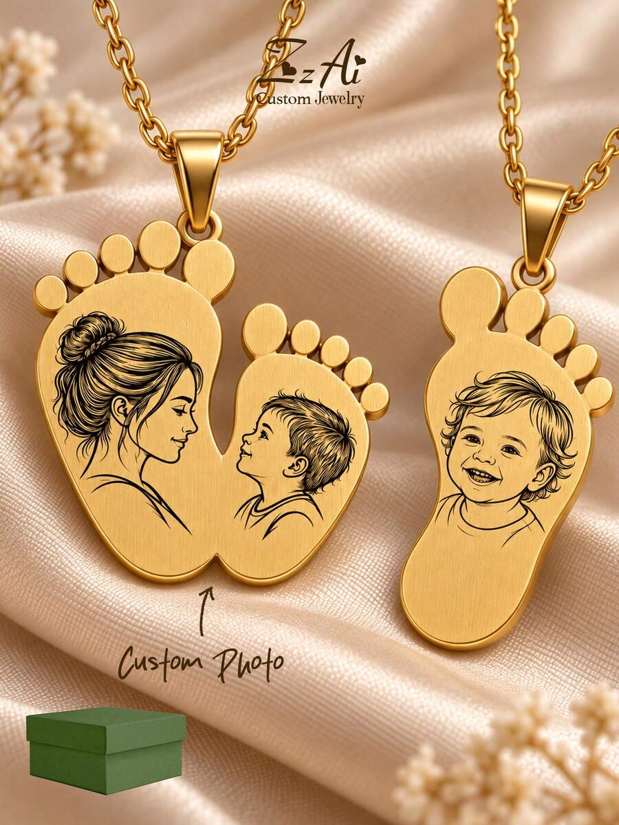 [ZzAi Custom]Personalized Custom Linear Image, Parent-Child Image, Lover Image, Memorial For Deceased Loved Ones, Pet Portrait, "Creative Frame, Remembrance Frame", Stainless Steel Material Handmade, Includes Gift Box, Suitable As Daily Gift, Anniversary Gift, Family Gift, Christmas Gift, Valentine's Day, Mother's Day Gift. - Foot-shaped Design - View 1