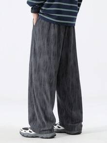 Men's American Street Style Crinkled Texture Pants, Plus Size Elastic Waist Drawstring Loose Straight Leg Casual Trousers - Grey - View 5