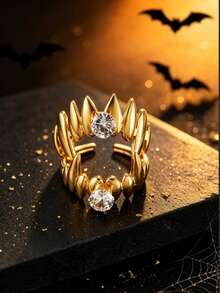 2pcs Fashion Stainless Steel Men's Ring Set With Tooth Zirconia Element, Suitable For Men's Daily Wear, Holiday, Halloween, Open Adjustable - Gold - View 5