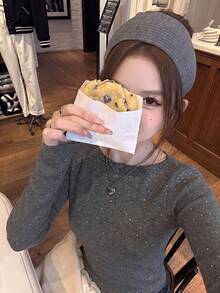 韓式極簡性感白色水鑽針織長袖毛衣，百搭優雅高端針織上衣，女款，秋冬款 - 灰色 - 查看 4