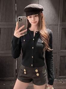秋冬新款韓式甜美休閒女款針織開襟外套，溫柔風金屬鈕扣圓領前開修身長袖夾克上衣，百搭日常通勤 - 黑色 - 查看 3