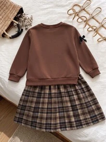 Tween Girls Autumn/Winter Brown Bow Decor Patchwork Plaid Versatile Streetwear Preppy Cute Casual Sweatshirt Dress - Rust Brown - View 4