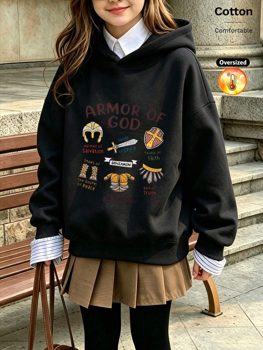 2026 Autumn/Winter Girls' Custom Loose Black Hooded Sweatshirt, Vintage Religious Style, Featuring Helmet, Shield, Sword Elements, And Letter Prints - Black - View 1