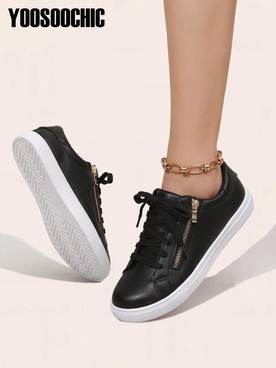 Ladies' Casual Sneakers, With Strong Comfort, Fashionable Laces, And Side Zipper Design - Black - View 1