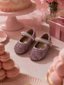 1 Pair 2026 Spring/Autumn Girls Pearl Rhinestone Glitter Round Toe Single Strap Flat Sweet Princess Shoes Suitable For Party Wedding Flower Girl - Pink - View 3