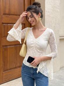 QUNGIGU Women Fflower Lace V Neck Top Front Ruched Slit Flare Sleeve For Fall Winter Travel Going Out Dating - Apricot - View 5