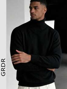GRDR Men's Solid Black Turtleneck Knit Wool Sweater, Light Business Basic Style, Autumn/Winter Layering Inner Base Layer - Black - View 8
