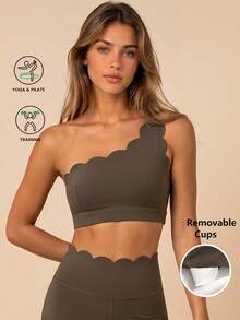 Tank Top Olahraga Wanita Kasual dengan Satu Bahu dan Garis Leher Melengkung, Model Pendek - Olive Green - View 1