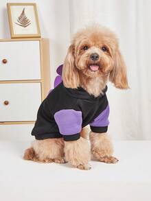 1pc Pet Hooded Pullover Sweatshirt, Contrast Color Short Sleeve, Yellow Round Patch Decoration On Back, Ribbed Hem And Cuffs, With Hood, Suitable For Shiba Inu, Deer Dog, Cat Clothes Fit Ragdoll Cat, Ocicat, Creative Decorative Hooded Pet Top, Suitable For Daily Outfits - Black - View 2