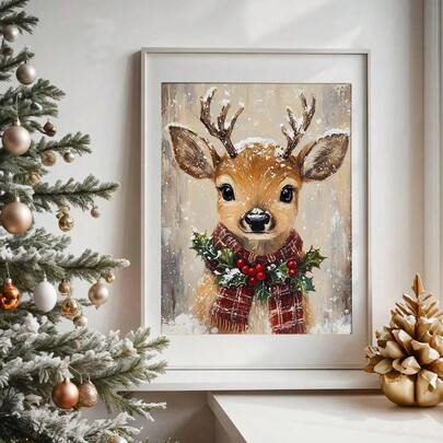 1pc Framed/Unframed Cute Baby Reindeer Christmas Holiday Canvas Poster Cozy Nordic Woodland Animal Nursery Wall Art Print Winter Xmas Festival Decor Scroll Painting For Kids Room,Playroom,Bedroom,Modern Home Decoration