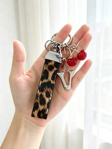 26 Alphabet Car Keychains, Silver Letter Zinc Alloy Accessories, Leopard Print Cherry Pendant, PU Rope Car Lock Key Fob, Car Remote Control Hanging Decoration, Bag Decoration Pendant, Car Key Ring, Key Chain Key Accessories. Holiday Gift, - Letter - View 20
