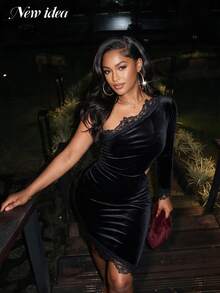 NEW IDEA Women Luxury Black Fall Winter Velvet Short Dress, One Shoulder Lace Trim Cutout Night Out, Dinner, Party - Black - View 1