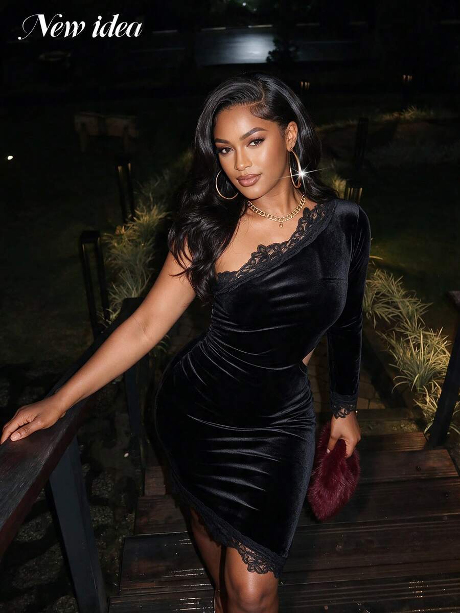 NEW IDEA Women Luxury Black Fall Winter Velvet Short Dress, One Shoulder Lace Trim Cutout Night Out, Dinner, Party - Black - View 1