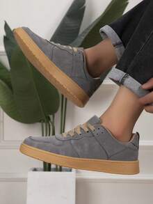 Men's Low-Top Lace-Up Sports Sneakers, Solid Color Upper, TPR Sole, Casual Shoes For Outdoor Wear - Dark Grey - View 5