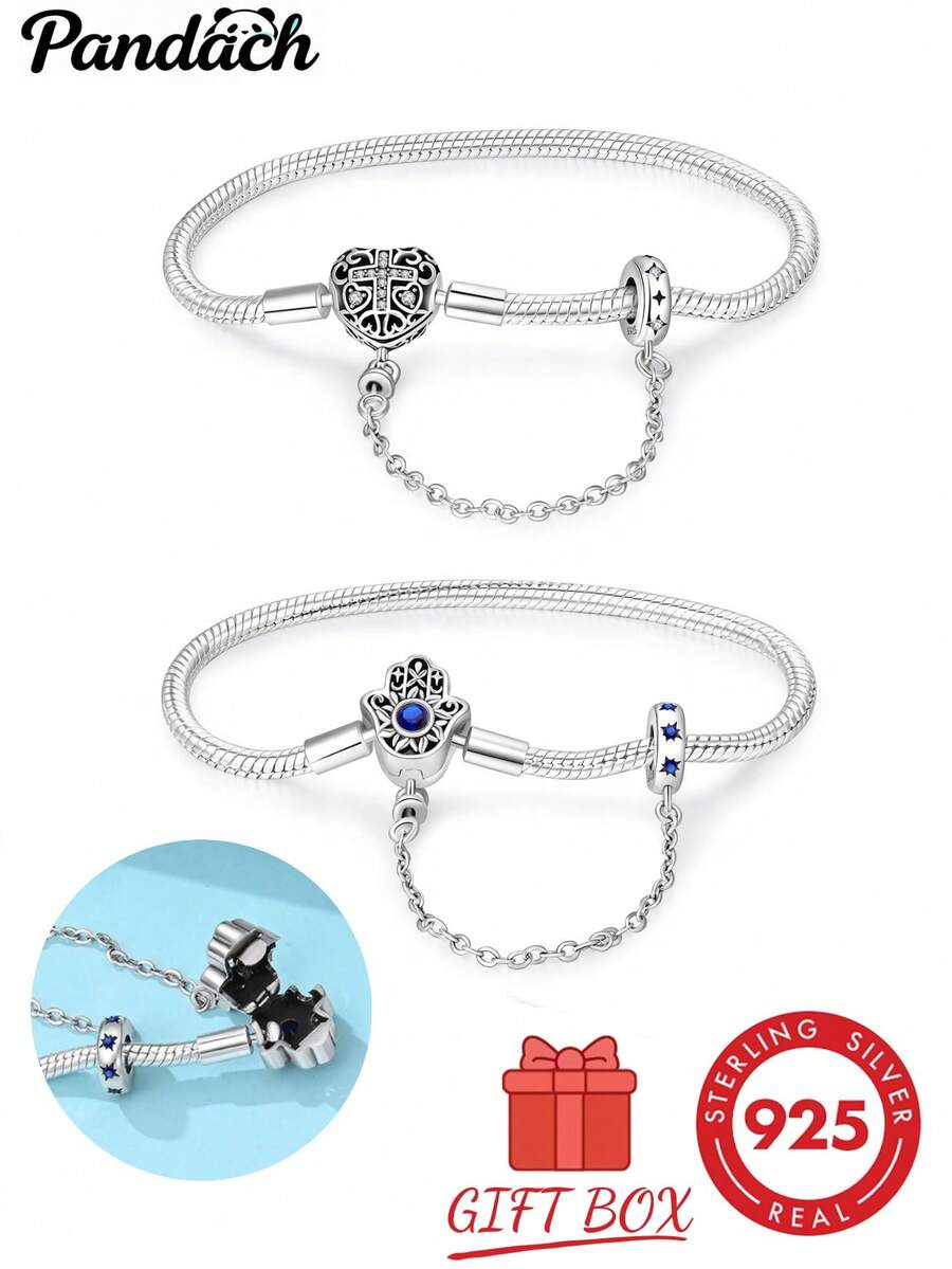 S925 Sterling Silver Snake Bone Bracelet, Heart Cross And Fatima Hand Clasp, Paired With Star Safety Chain, Vintage Hollow Inlaid Stone Design, Customizable DIY Beaded, Secure Clasp, Women's Luxury Accessory, Comes With Exquisite Gift Box. - Silver - View 1