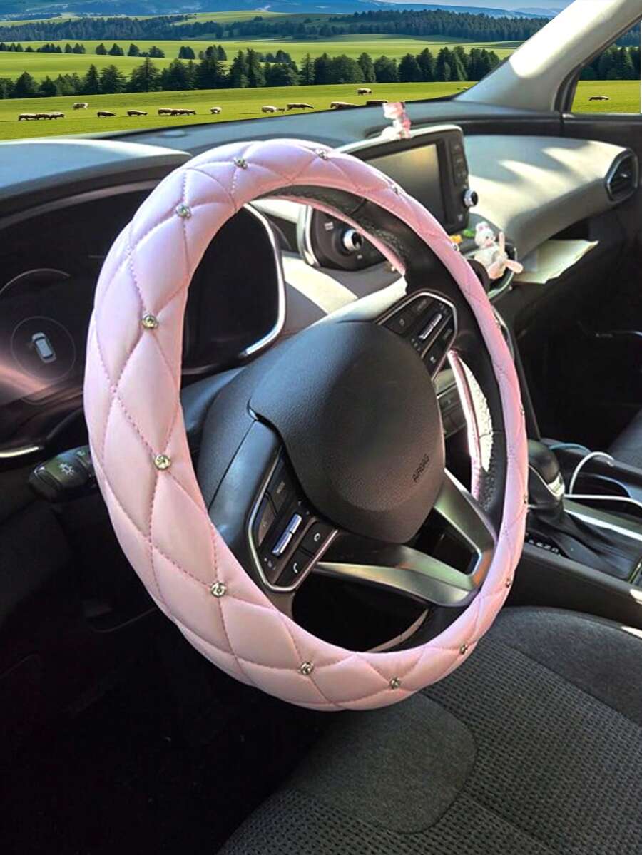PU Leather Car Steering Wheel Cover, Inlaid Artificial Diamond Handle Cover, 14.5-15inch, All-Season Universal, Suitable For Multiple Car Models - Multicolor - View 1