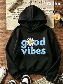 2026 Autumn/Winter Girls' Custom Loose Black Hoodie, Blue Lettering With White Daisy Pattern, Casual Street Style - Black - View 4