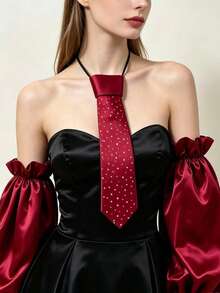 1set Burgundy Satin Detachable Petal Sleeve Cuffs And Rhinestone Decor Neck Tie Set Elegant Accessory For Evening Prom Wedding Party Formal Cosplay - A - View 2